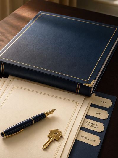 Estate planning documents, binder, pen and keys on a desk
